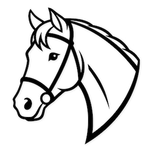 May include: A black and white graphic illustration of a horse head in profile. The design features bold black outlines on a white background, depicting the horse wearing a simple bridle with a visible circular bit detail near the muzzle.