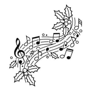 May include: A black and white illustration featuring musical notes and holly. A treble clef and musical symbols are combined with holly leaves and berries, forming a festive design. The image is set against a white background.