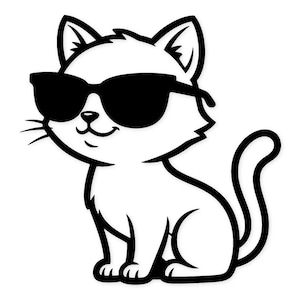以下が含まれることがあります： 黒いサングラスをかけた白黒の漫画の猫。 猫は尻尾を丸めて座っており、笑顔の表情をしています。 この画像は、シンプルでグラフィックなイラストです。