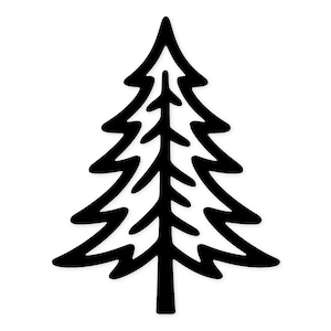 May include: A black and white illustration of a stylized evergreen tree. The tree has a thick, dark outline and a simple, graphic design. The branches are layered and symmetrical, with a pointed top.