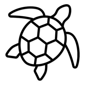 May include: A black and white line art illustration of a sea turtle. The design features a bold, thick black outline forming the shape of the turtle, including its head, four flippers, and a central shell divided into a hexagonal pattern.