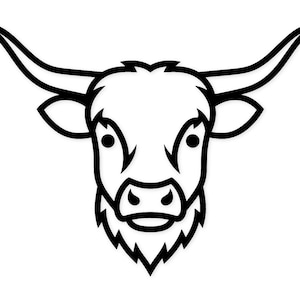 Op de afbeelding: Een zwart-witte grafische illustratie van een longhorn stierenkop. Het ontwerp bevat gedurfde, strakke lijnen die het gezicht van het dier, grote gebogen hoorns, puntige oren en een gepluimde kin omlijnen tegen een witte achtergrond.