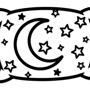Puede incluir: Una almohada en blanco y negro con un diseño de luna creciente y estrellas. La almohada presenta una gran luna creciente en el centro, rodeada de estrellas de varios tamaños. El diseño es simple y gráfico, adecuado para una habitación infantil o un tema decorativo caprichoso.