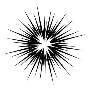 Puede incluir: Ilustración gráfica en blanco y negro de una explosión o estallido. El diseño presenta líneas afiladas y puntiagudas que irradian hacia afuera desde un punto central, creando un efecto visual dinámico y enérgico. La imagen está sobre un fondo blanco.