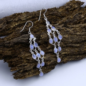 925 Sterling Silver , Rainbow Moonstone Earrings , Handmade Jewelry , Gift For Mum , Chandelier Earrings, Dangle Earring