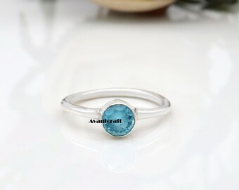 925 Sterling Silver Blue Topaz Round Gemstone Minimalist Ring Handmade Jewelry
