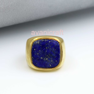 Lapis Lazuli Gemstone Solid 925 Sterling Silver Yellow Gold Handmade Mens Gift Ring Jewelry