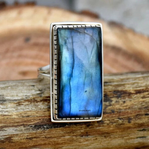 Bague en argent sterling 925, bague labradorite, bague faite main, bague de créateur, cadeau pour elle, bague tendance, bague rectangle