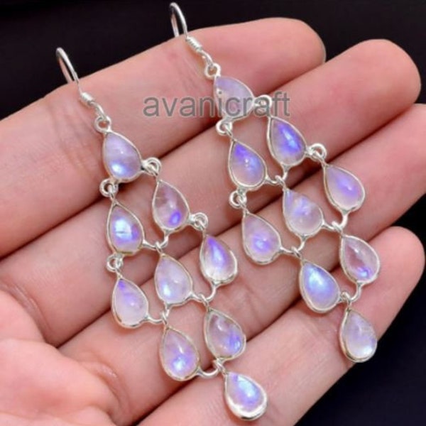 925 Sterling Silver , Moonstone Earrings , Handmade Jewelry , Gift For Mum , Chandelier Earrings, Dangle Earring