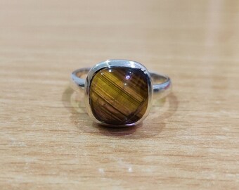 Tiger Eye Cushion Gemstone Ring, Flat Stone Ring, 925 Sterling Silver, Men & Women Ring,  Birthday Gift, Ring For Sale