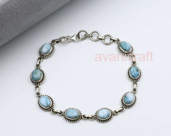 Solid 925 Sterling Silver Natural Larimar Gemstone Women Tennis Charm Bracelet Jewelry