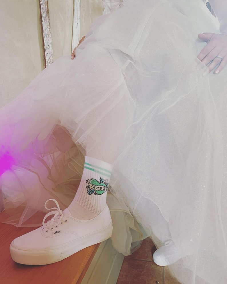 Bride wearing Green Riot Tofu Love socks