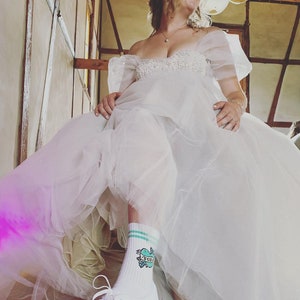 Bride wearing Green Riot Tofu Love socks