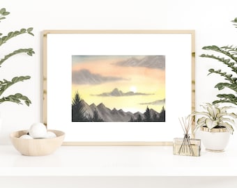 Sunset Forest Mountain Scenic Traditional Watercolor Landscape Art Print - Physical Print and/or Digital Download