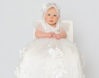 Rosalie Gown Large 3D Flower Dress Baptism Christening Lace Bonnet Booties Baby Clothing Flutter Sleeves
