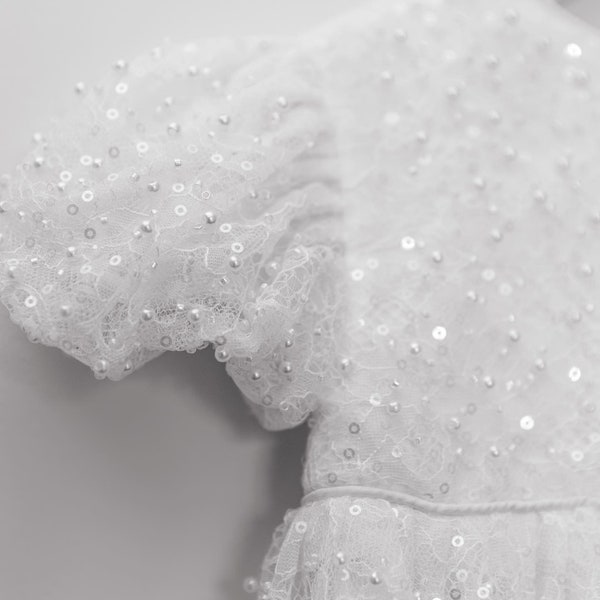 Ava Gown Dress Baptism Christening Pearl Lace Bonnet Booties Baby Clothing Ballon Sleeves