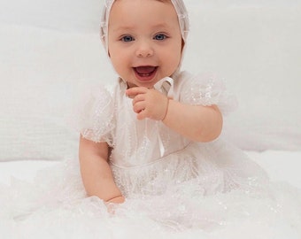 Indiana Gown Dress Baptism Beaded Christening Lace Bonnet Booties Baby Clothing Balloon Sleeves