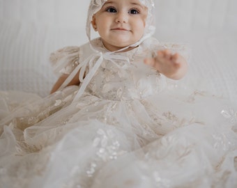 Cora Gown Dress Baptism Christening Lace Bonnet Booties Baby Clothing Flutter Sleeves