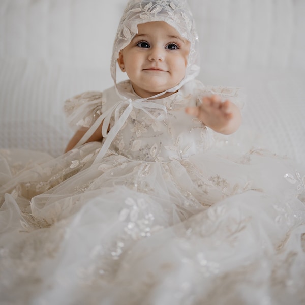 Cora Gown Dress Baptism Christening Lace Bonnet Booties Baby Clothing Flutter Sleeves