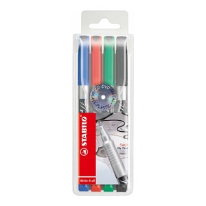May include: A pack of four Stabilo Write-4-all permanent markers in blue, red, green, and black. The markers are designed for writing on various surfaces, including CD, DVD, metal, glass, and plastic. The packaging features a silver disc with the text "CD-DVD-METAL, GLASS-PLASTIC".