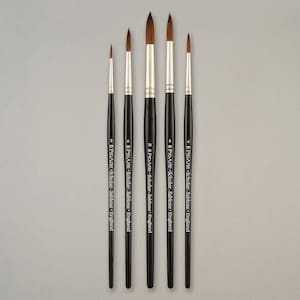 May include: A collection of five Pro Arte Scholar Sablene England paint brushes. Each brush features a black handle, silver ferrule, and brown bristles. The brush sizes are 2, 6, 10, 8, and 4. The text "Pro Arte Scholar Sablene England" is printed on each handle.