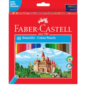 Op de afbeelding: Een rode doos met een blauwe en witte kasteel illustratie. De doos bevat 48 Faber-Castell kleurpotloden. De tekst op de doos luidt "Faber-Castell sinds 1761, 48 Buntstifte - Colour Pencils".