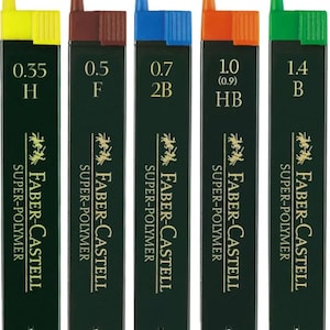 May include: Five Faber-Castell Super-Polymer lead refills in a row. Each container is dark green with a different colored top: yellow, brown, blue, orange, and green. The lead sizes are 0.35 H, 0.5 F, 0.7 2B, 1.0 (0.9) HB, and 1.4 B.