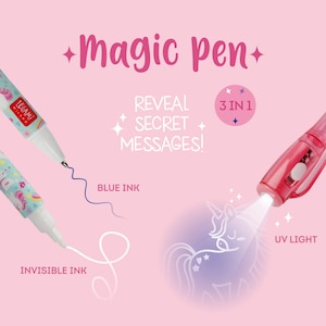 May include: A pink magic pen with a unicorn design. The pen has a UV light to reveal secret messages written with invisible ink. The pen also has blue ink for writing visible messages. The text on the pen says "3 in 1" and "LEGAMI MILANO".