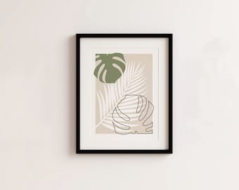 Mid Century Modern Print, Boho wall art, Minimalist tropical leaf print, sage green leaf print