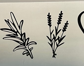 May include: Black and white line art design featuring a salt shaker, a sprig of rosemary, a bunch of lavender, and a heart.