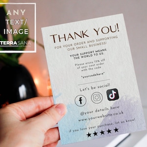 May include: A rectangular thank you card with a textured white paper finish, featuring blue and purple watercolor accents at the bottom. The text reads THANK YOU! FOR YOUR ORDER AND SUPPORTING OUR SMALL BUSINESS! YOUR SUPPORT MEANS THE WORLD TO US.