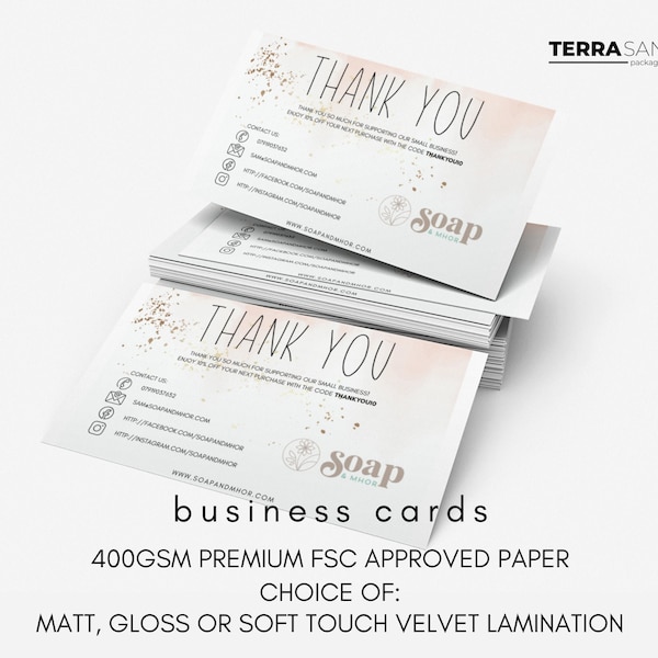 Personalised Business Cards, Double Sided Custom Name Logo Small Business Review, Thank you cards, loyalty cards, Social Media card