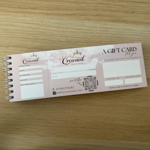 Variable data, numbered Custom Beauty Salon Gift Voucher Book: 40 Vouchers with branded matching wallets/envelopes