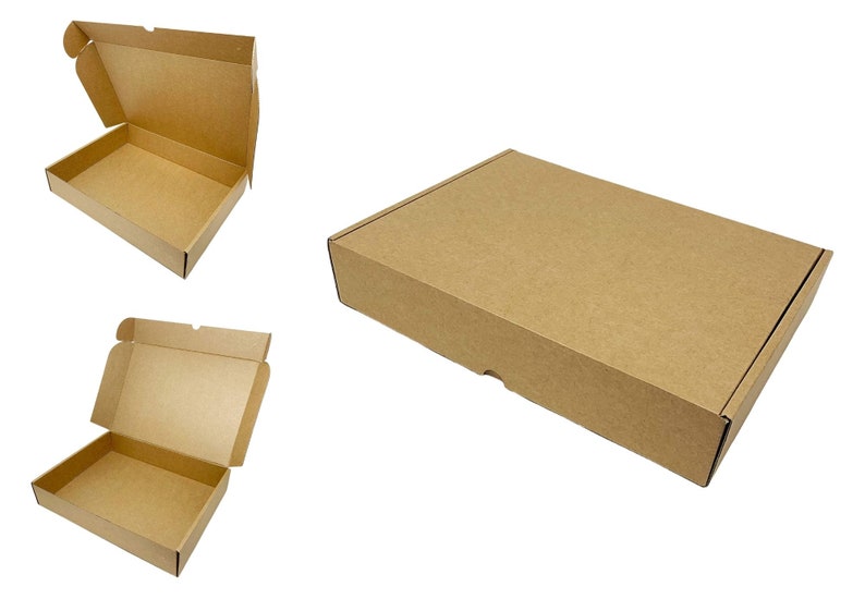 Royal Mail small parcel compliant postal box, 
Kraft E-flute corrugated cardboard postal box