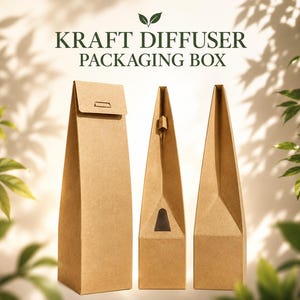 May include: Three tall, light brown kraft paper diffuser packaging boxes. One box is closed with a flap, while the other two feature a triangular, tapered design with a small cutout window near the base. The text KRAFT DIFFUSER PACKAGING BOX is visible.