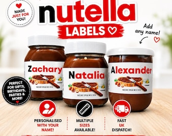 Etiqueta personalizada para Nutella / Etiqueta personalizada para tarro de Nutella / Añade cualquier nombre / Regalo de cumpleaños / Recuerdos de fiesta / Varios tamaños disponibles