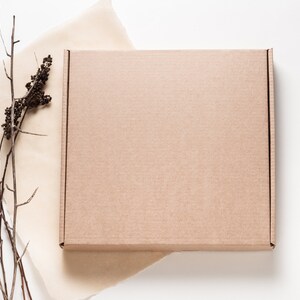 Puede incluir: Una caja de env&iacute;o cuadrada de cart&oacute;n marr&oacute;n claro con una tapa plana y cerrada. La caja est&aacute; colocada junto a un trozo de papel pergamino de color beige claro y una rama seca de color marr&oacute;n oscuro con peque&ntilde;as vainas texturizadas.