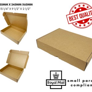 May include: A brown cardboard mailing box with a hinged lid, measuring 13 1/4 inches by 9 1/2 inches by 2 1/2 inches. The box is shown open and closed, featuring a red circular stamp that says BEST QUALITY and a Royal Mail small parcel compliant logo.