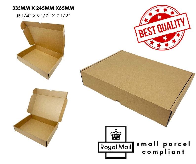 May include: A brown cardboard mailing box with a hinged lid, measuring 13 1/4 inches by 9 1/2 inches by 2 1/2 inches. The box is shown open and closed, featuring a red circular stamp that says BEST QUALITY and a Royal Mail small parcel compliant logo.