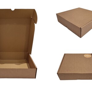 square packaging, postal box 255mm x 255mm x68mm pizza style
Royal Mail small parcel compliant postal box