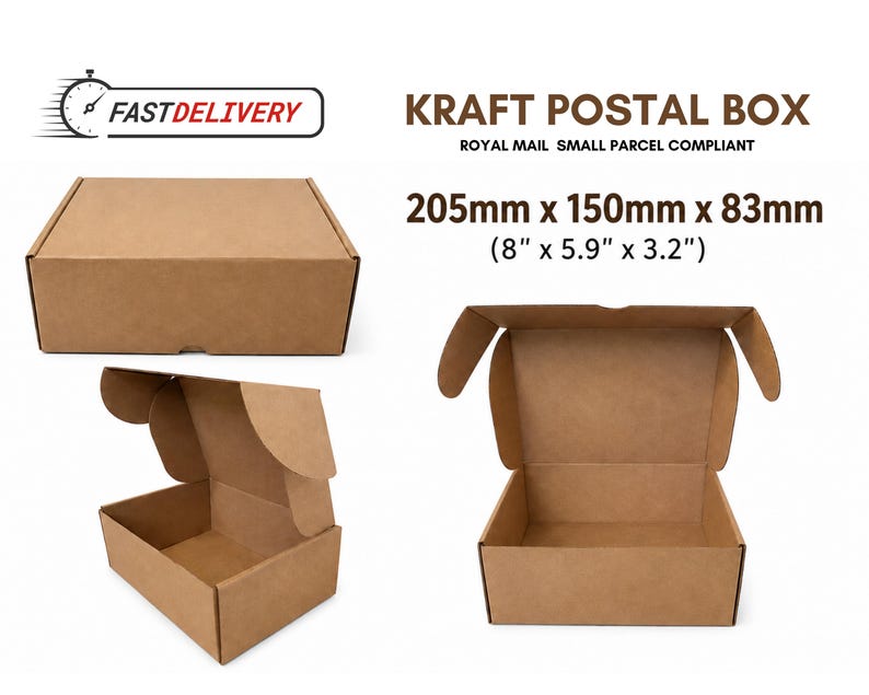 Brown Kraft postal box shown closed and open, Royal Mail small parcel compliant, size 205mm x 150mm x 83mm, suitable for gifts, ecommerce and small business packaging