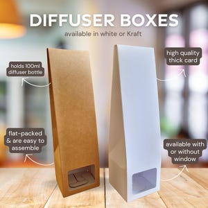 May include: Two diffuser boxes, one white and one brown, both with a window to display the diffuser bottle inside. The boxes are flat-packed and easy to assemble. The text on the image reads "DIFFUSER BOXES available in white or Kraft, holds 100ml diffuser bottle, flat-packed & are easy to assemble, high quality thick card, available with or without window."