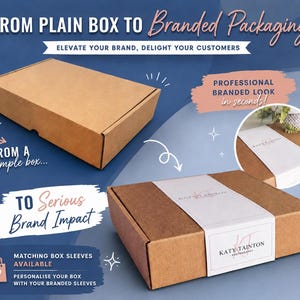 Puede incluir: Una caja de env&iacute;o de cart&oacute;n marr&oacute;n mostrada simple y luego con una funda de papel blanca con la marca y el texto Katy Tainton Photography. La imagen incluye el texto From Plain Box To Branded Packaging y To Serious Brand Impact.
