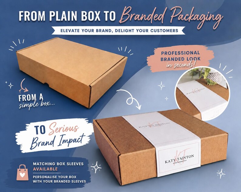 Puede incluir: Una caja de env&iacute;o de cart&oacute;n marr&oacute;n mostrada simple y luego con una funda de papel blanca con la marca y el texto Katy Tainton Photography. La imagen incluye el texto From Plain Box To Branded Packaging y To Serious Brand Impact.
