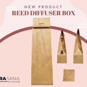 May include: A brown cardboard box with a flap top, designed for reed diffusers. The box is shown in three different configurations, including flat, folded, and partially folded. The text "NEW PRODUCT REED DIFFUSER BOX" is displayed at the top of the image.