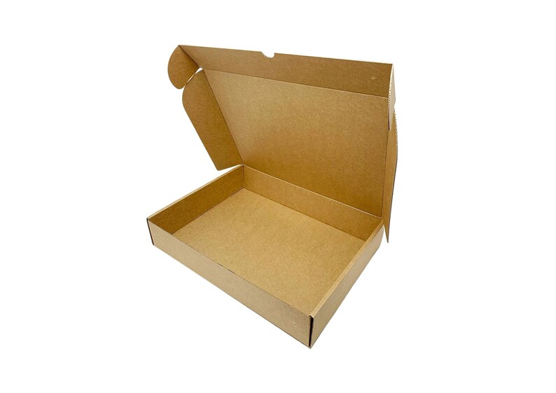 Royal Mail small parcel compliant postal box, 
Kraft E-flute corrugated cardboard postal box