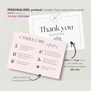 Candle Care Cards, Custom Printed Care Instruction Cards for Candle Businesses, thank you for your order, double sided safety card