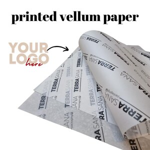 May include: White vellum paper with a repeating pattern of the text "Terra Sana Packaging" in black. The paper is folded over to show the pattern. The text "Your Logo Here" is written in black on a white background.