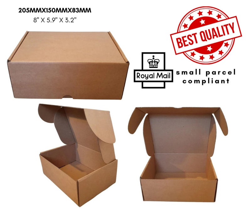 May include: A brown cardboard shipping box with dimensions of 205mm x 150mm x 83mm or 8 inches x 5.9 inches x 3.2 inches. The image displays the box closed, partially open, and fully open, alongside a red Best Quality seal and a Royal Mail small parcel compliant logo.