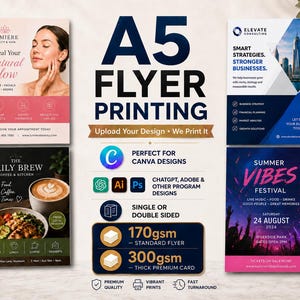 May include: A5 flyer printing service advertisement featuring four sample flyer designs for beauty, consulting, coffee, and festival themes. The graphic includes text for Canva, Adobe, and ChatGPT compatibility, plus 170gsm and 300gsm paper options.